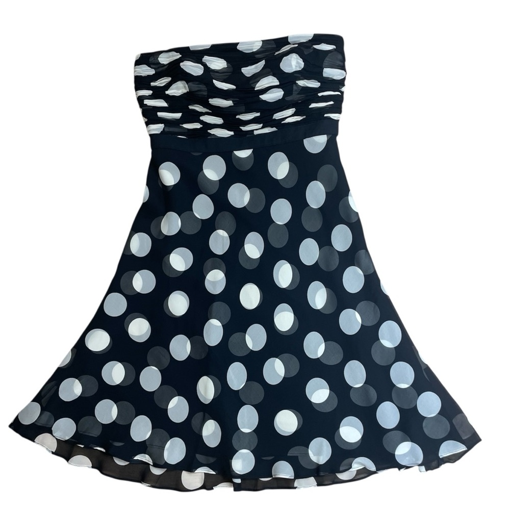 VTG Ann Taylor 4P Black Retro Polka Dot Cocktail Dress Sheer Strapless Swing